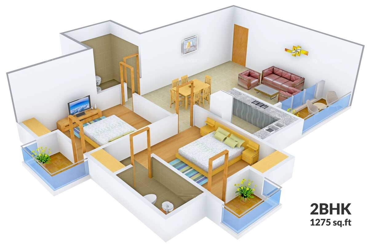 Floor plan of 2 BHK 1275 Sq. Ft. Apartment in AT Dreams T Rose Tower, Lucknow