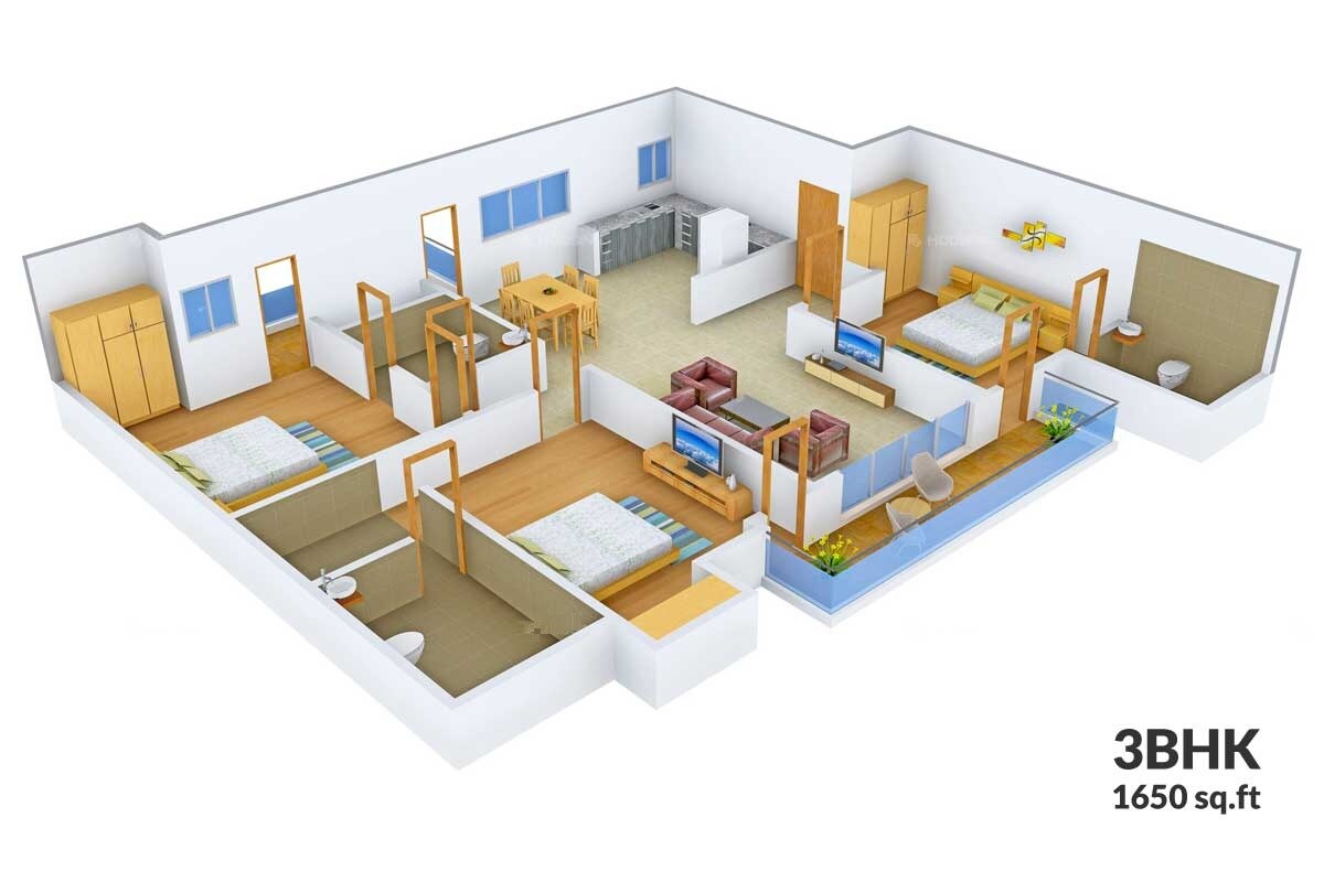 Floor plan of 3 BHK 1650 Sq. Ft. Apartment in AT Dreams T Rose Tower, Lucknow