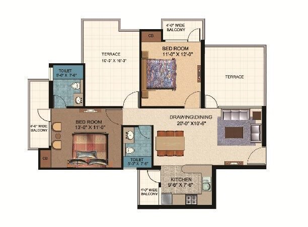 Floor plan of 2 BHK 1290 Sq. Ft. Apartment in Awadh Avenue, Lucknow
