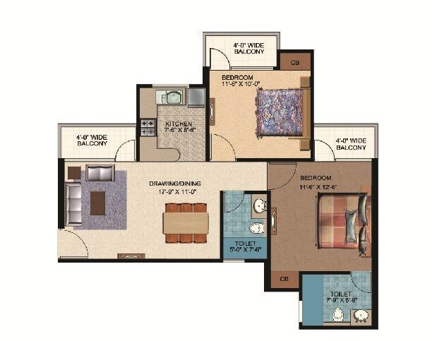 Floor plan of 2 BHK 970 Sq. Ft. Apartment in Awadh Avenue, Lucknow