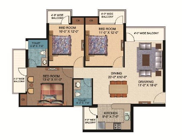 Floor plan of 3 BHK 1420 Sq. Ft. Apartment in Awadh Avenue, Lucknow