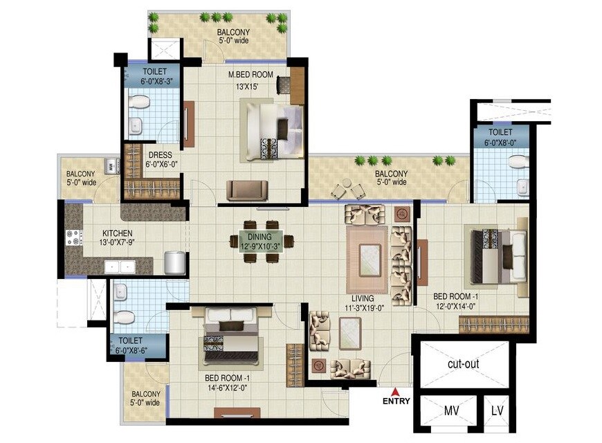 Floor plan of 3 BHK Apartment - 983 sq. ft. in AWHO 6A, Lucknow