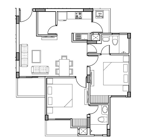 Floor plan of 2 BHK 1050 Sq. Ft. Apartment in AWHO 8B, Lucknow