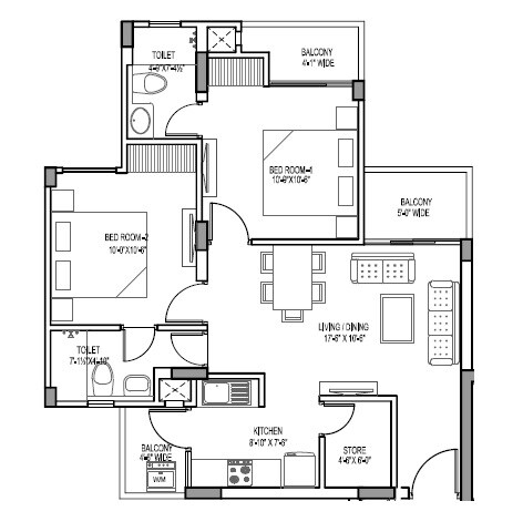 Floor plan of 2 BHK 1240 Sq. Ft. Apartment in AWHO 8B, Lucknow