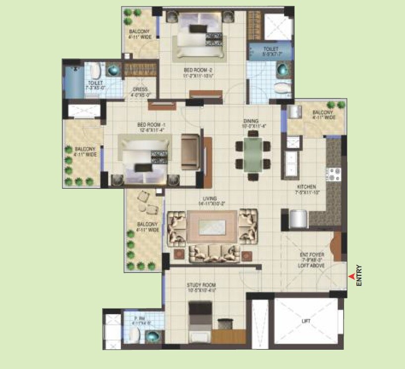 Floor plan of 3 BHK 1500 Sq. Ft. Apartment in AWHO 8B, Lucknow