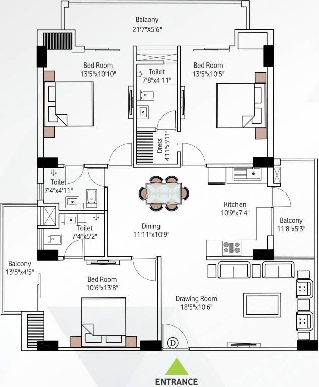 Floor plan of 3 BHK 1629 Sq. Ft. Apartment in Azeagaia Botanica, Lucknow