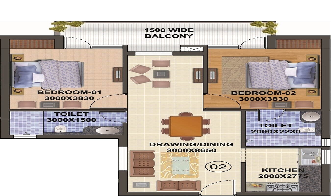 Floor plan of 2 BHK 1190 Sq. Ft. Apartment in Balaji The Landmark, Lucknow