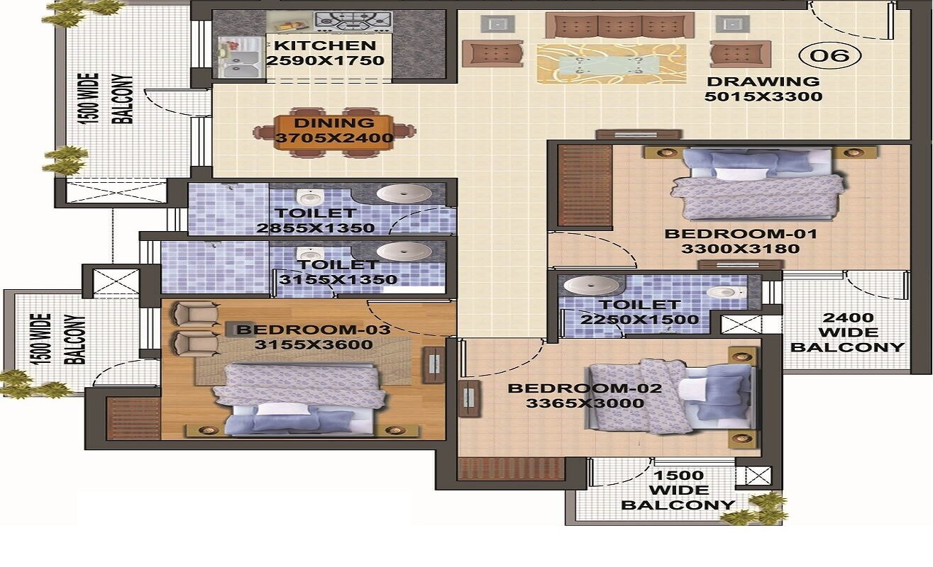 Floor plan of 3 BHK 1620 Sq. Ft. Apartment in Balaji The Landmark, Lucknow