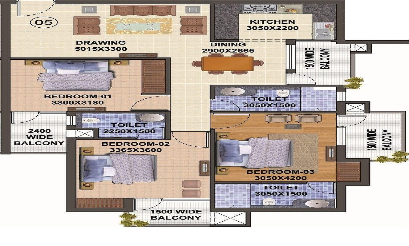 Floor plan of 3 BHK 1685 Sq. Ft. Apartment in Balaji The Landmark, Lucknow