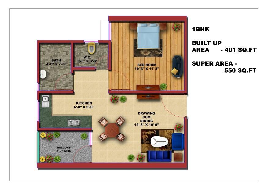 Floor plan of 1 BHK 550 Sq. Ft. Apartment in Baldau Shubotsav Heights, Lucknow