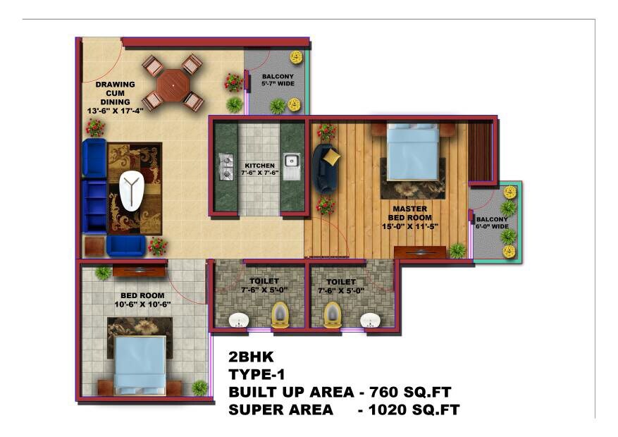 Floor plan of 2 BHK 1020 Sq. Ft. Apartment in Baldau Shubotsav Heights, Lucknow