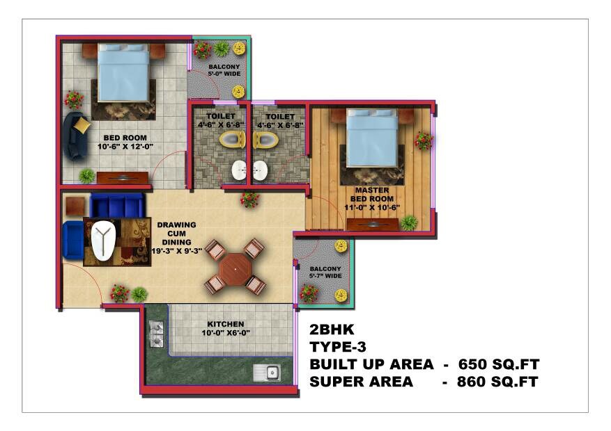 Floor plan of 2 BHK 860 Sq. Ft. Apartment in Baldau Shubotsav Heights, Lucknow