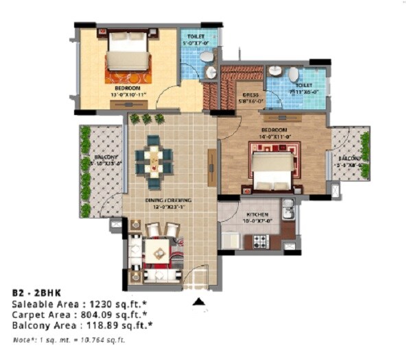 2 BHK 1230 Sq. Ft. Apartment