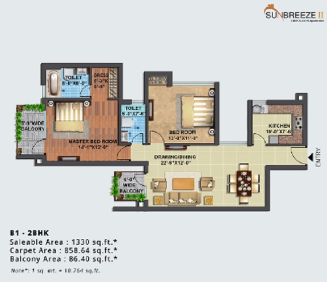 2 BHK 1330 Sq. Ft. Apartment in BBD Green City Sun Breeze II