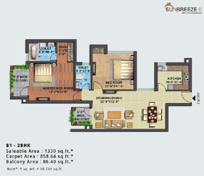Floor plan of 2 BHK 1330 Sq. Ft. Apartment in BBD Green City Sun Breeze II, Lucknow