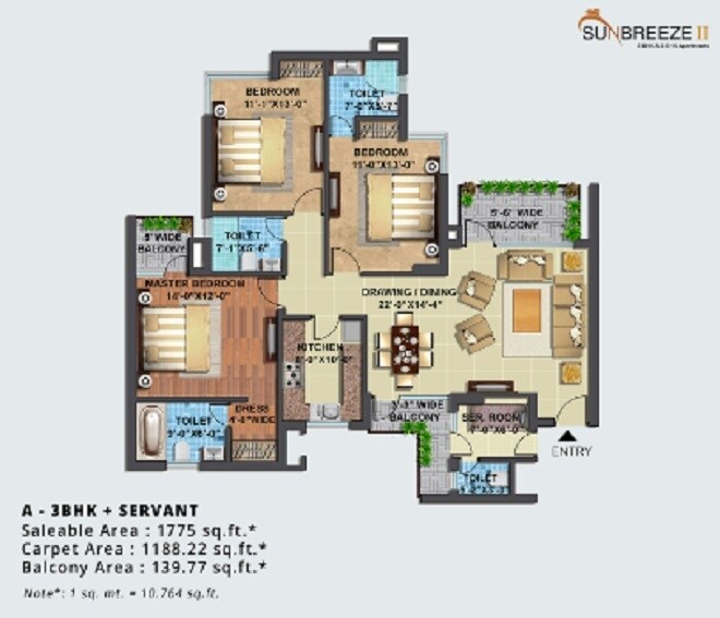 Floor plan of 3 BHK 1775 Sq. Ft. Apartment in BBD Green City Sun Breeze II, Lucknow