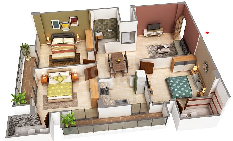 Floor plan of 3 BHK 1090 Sq. Ft. Apartment in Buildia Galaxy, Lucknow