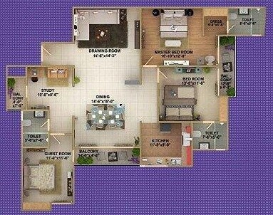 Floor plan of 3 BHK 1690 Sq. Ft. Apartment in Crest Exotica, Lucknow