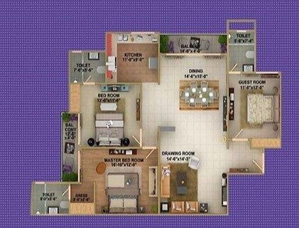 Floor plan of 3 BHK 1910 Sq. Ft. Apartment in Crest Exotica, Lucknow