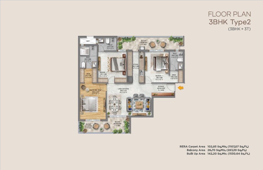 Floor plan of 3 BHK Apartment - 1107 sq. ft. in DPS Meridian Heights, Lucknow