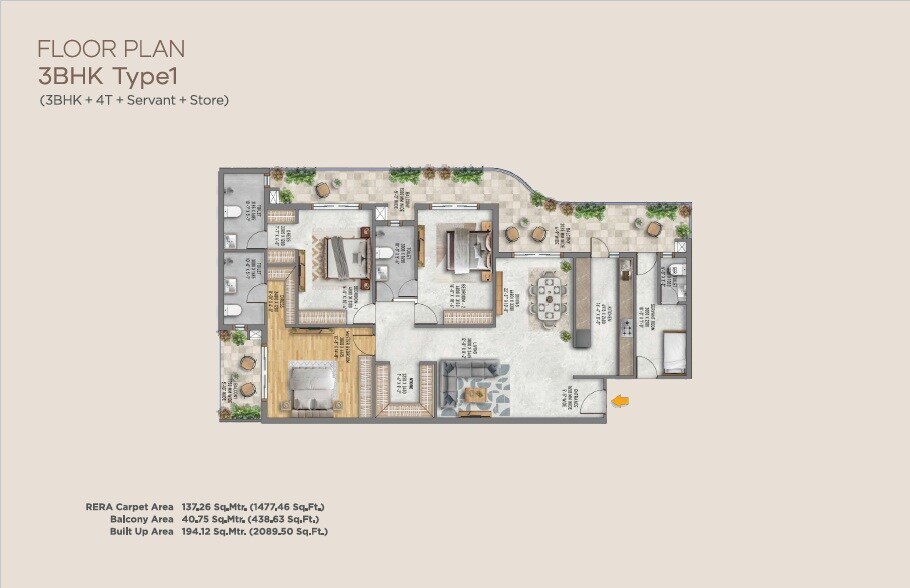 Floor plan of 3 BHK Apartment - 1477 sq. ft. in DPS Meridian Heights, Lucknow
