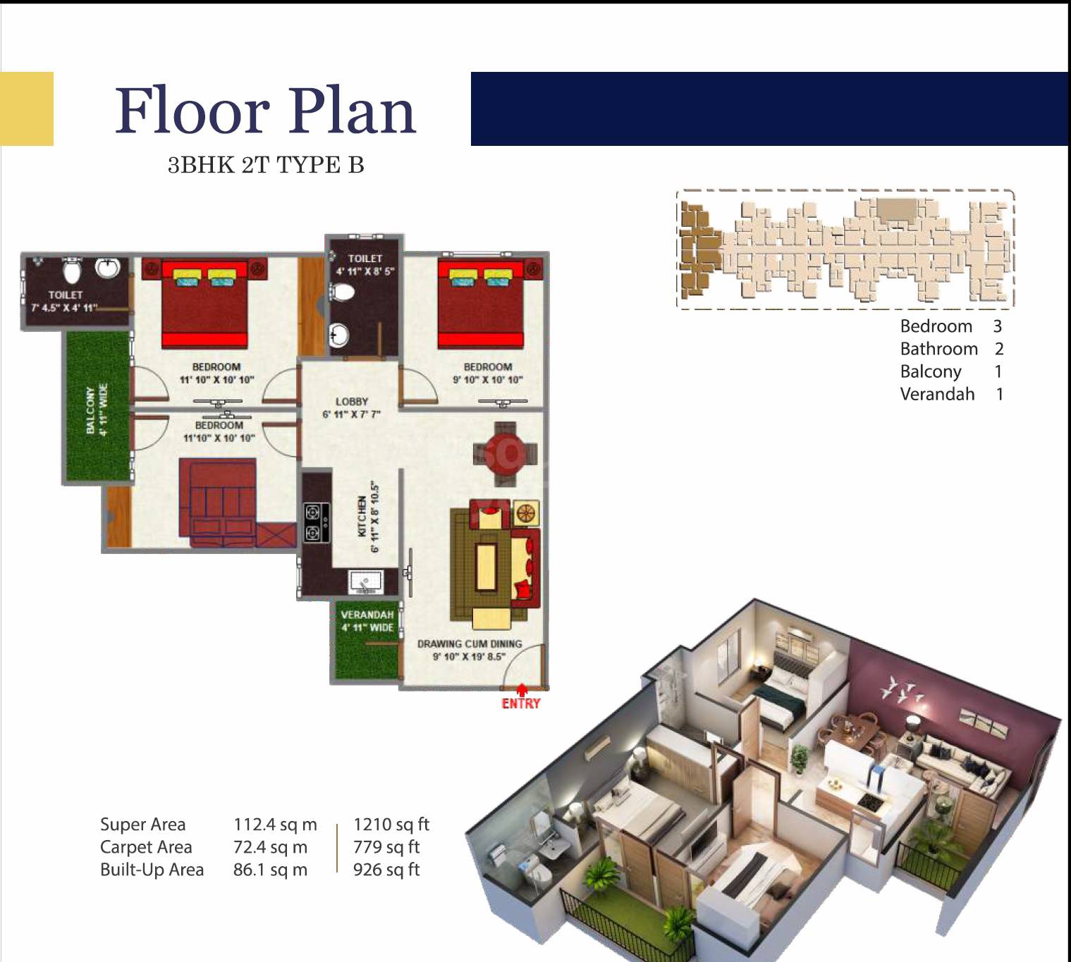Floor plan of 3 BHK 1210 Sq. Ft. Apartment in E Square Aspire, Lucknow