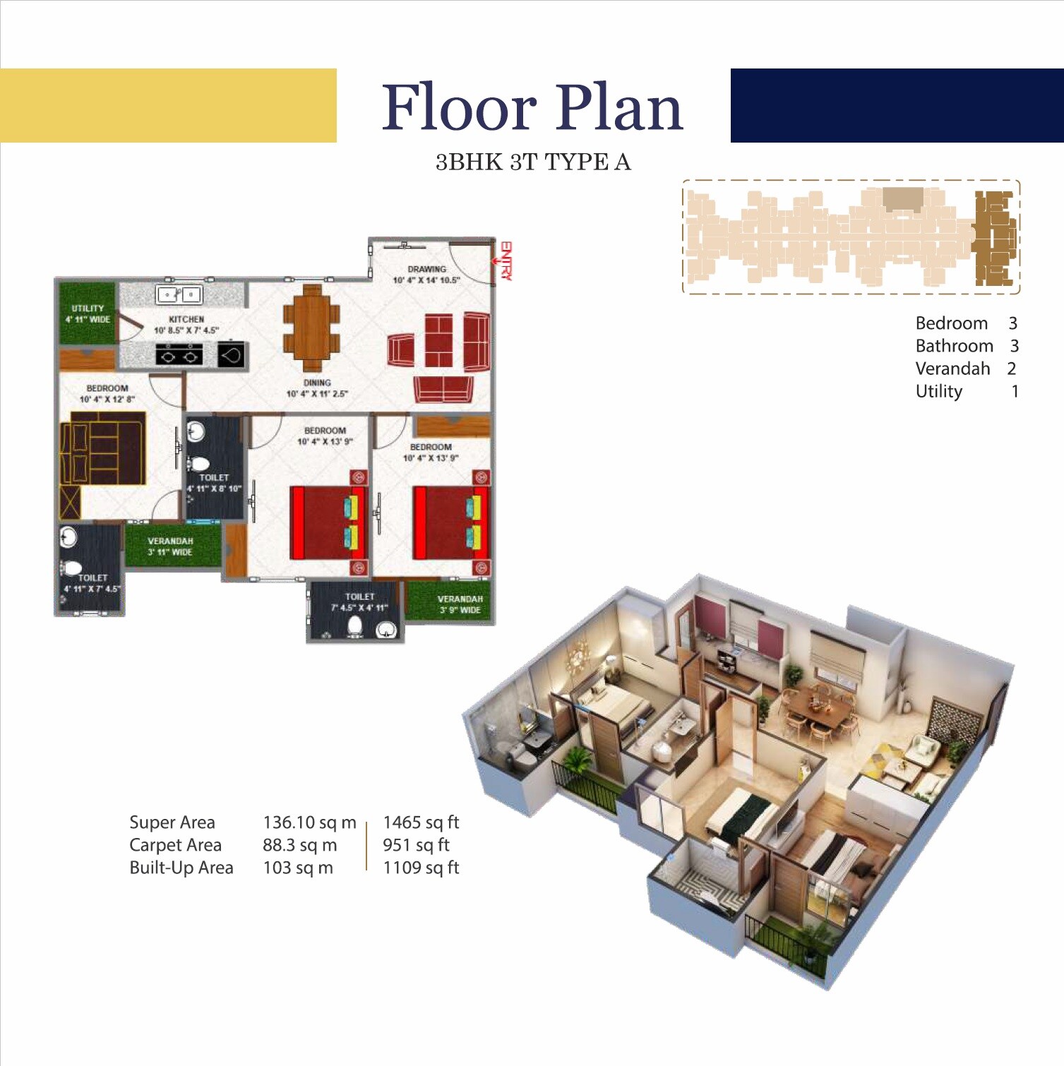 Floor plan of 3 BHK 1465 Sq. Ft. Apartment in E Square Aspire, Lucknow