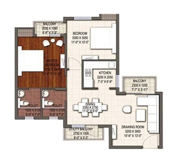 Floor plan of 2 BHK 1030 Sq. Ft. Apartment in Earthcon Urban Village, Lucknow