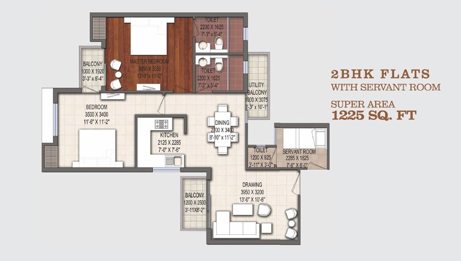 Floor plan of 2 BHK 1225 Sq. Ft. Apartment in Earthcon Urban Village, Lucknow