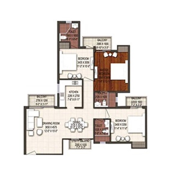 Floor plan of 3 BHK 1560 Sq. Ft. Apartment in Earthcon Urban Village, Lucknow