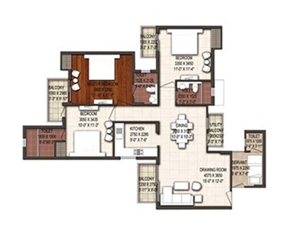 Floor plan of 3 BHK 1670 Sq. Ft. Apartment in Earthcon Urban Village, Lucknow