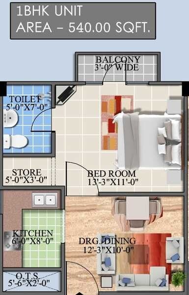 Floor plan of 1 BHK 540 Sq. Ft. Apartment in Eartheze Nirvana Heights, Lucknow