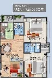 Floor plan of 2 BHK 720 Sq. Ft. Apartment in Eartheze Nirvana Heights, Lucknow