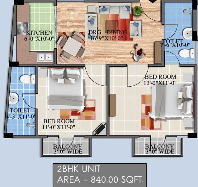 Floor plan of 2 BHK 840 Sq. Ft. Apartment in Eartheze Nirvana Heights, Lucknow