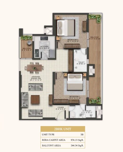 Floor plan of 2 BHK Apartment - 974 sq. ft. in Eiffel Palm Vista, Lucknow