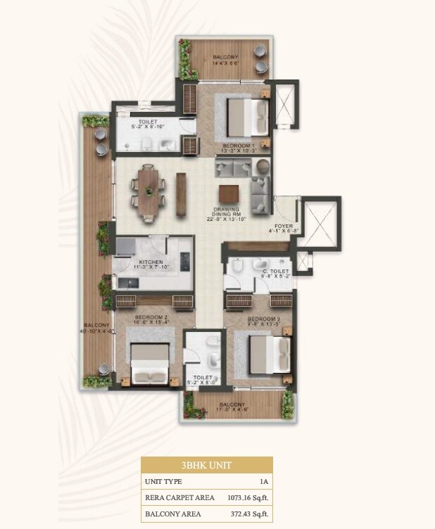 Floor plan of 3 BHK Apartment - 1073 sq. ft. in Eiffel Palm Vista, Lucknow