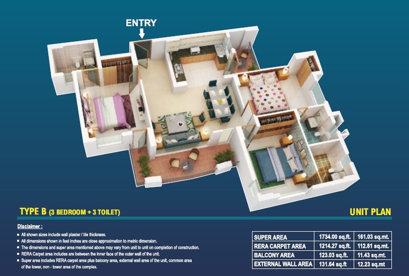 Floor plan of 3 BHK 1214 Sq. Ft. Apartment in Eiffel Vivassa Estate, Lucknow