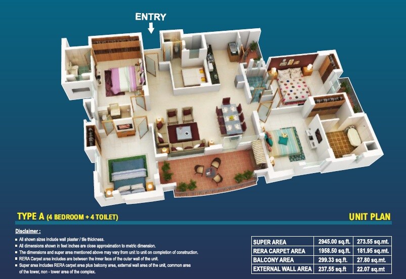Floor plan of 4 BHK 1958 Sq. Ft. Apartment in Eiffel Vivassa Estate, Lucknow
