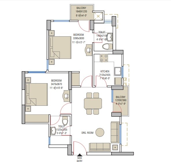 Floor plan of 2 BHK 1119 Sq. Ft. Apartment in Eldeco Saubhagyam, Lucknow
