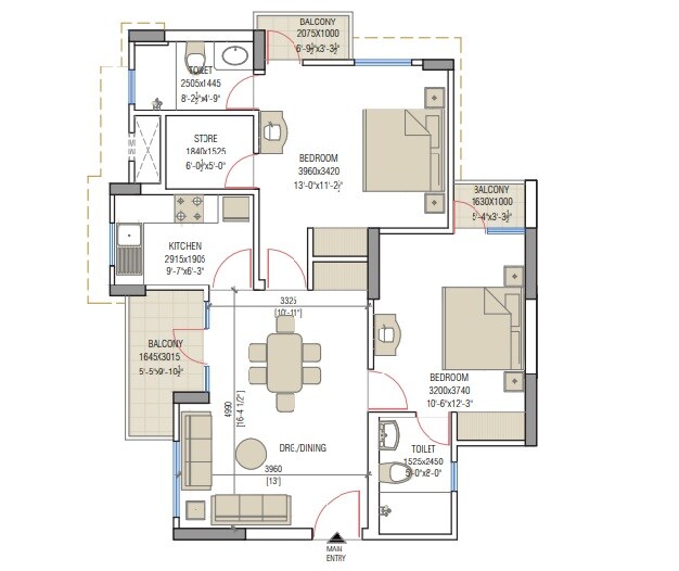 Floor plan of 2 BHK 1063 Sq. Ft. Apartment in Eldeco Saubhagyam, Lucknow