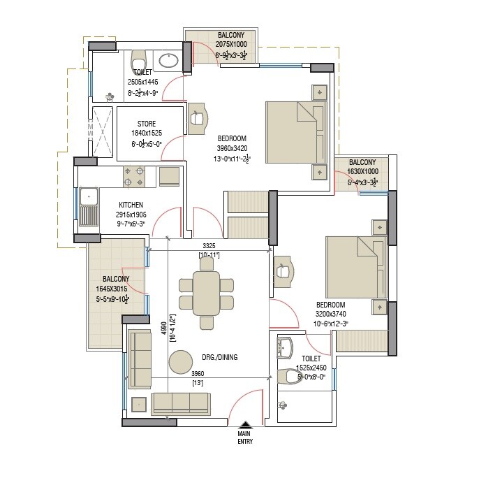 Floor plan of 2 BHK 710 Sq. Ft. Apartment in Eldeco Saubhagyam T5, Lucknow