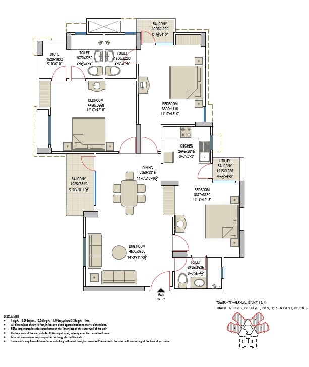 Floor plan of 3 BHK 1036 Sq. Ft. Apartment in Eldeco Saubhagyam T5, Lucknow