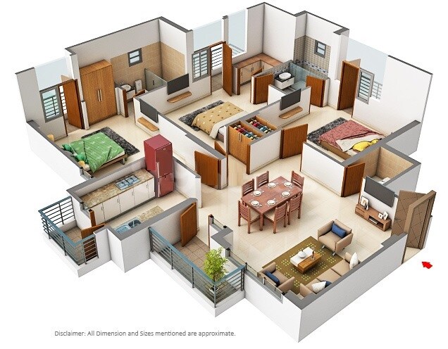 Floor plan of 3 BHK 1036 Sq. Ft. Apartment in Eldeco Select, Lucknow