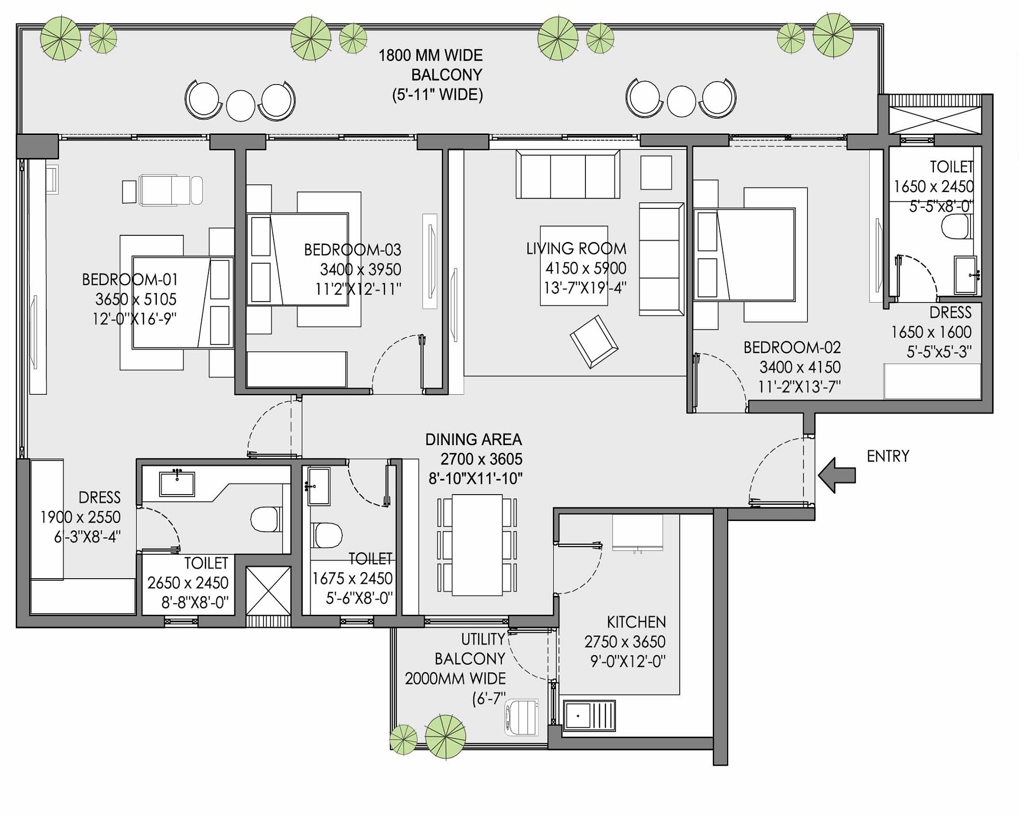 3 BHK 1293 Sq. Ft. Apartment in Eldeco Trinity