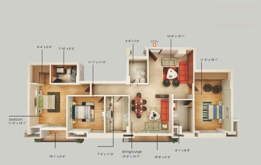 Floor plan of 3 BHK 1859 Sq. Ft. Apartment in Emaar Orange Castle, Lucknow