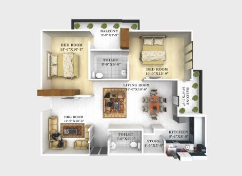 Floor plan of 2 BHK 1267 Sq. Ft. Apartment in Europa Towers, Lucknow