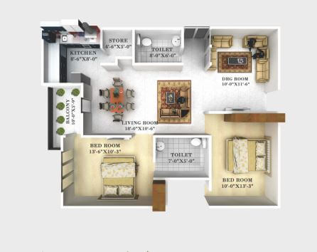 Floor plan of 2 BHK 1298 Sq. Ft. Apartment in Europa Towers, Lucknow