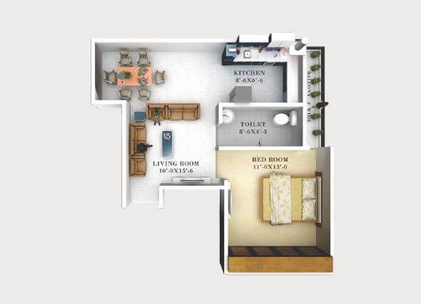 Floor plan of 1 BHK 675 Sq. Ft. Apartment in Europa Towers, Lucknow