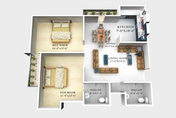 Floor plan of 2 BHK 1123 Sq. Ft. Apartment in Europa Towers, Lucknow