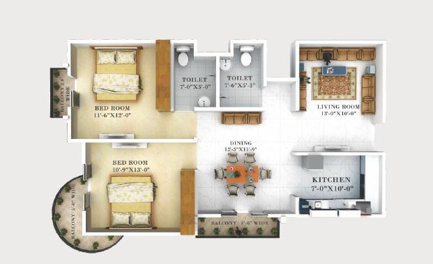 Floor plan of 2 BHK 1199 Sq. Ft. Apartment in Europa Towers, Lucknow